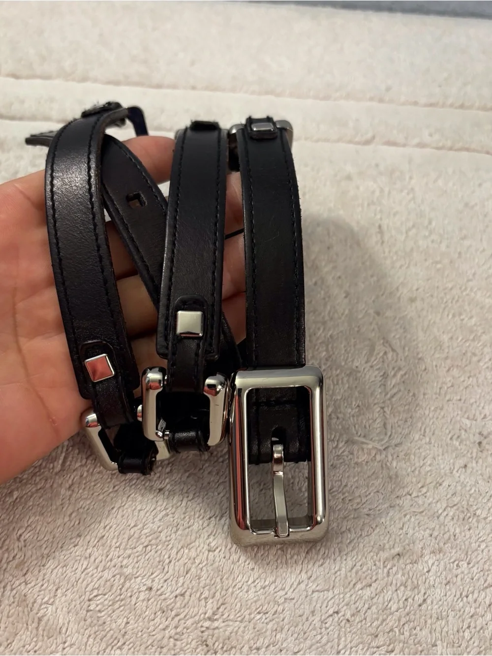 Classic  Vintage Black Leather Women’s Belt with Silver Buckle and Squares SZ 37